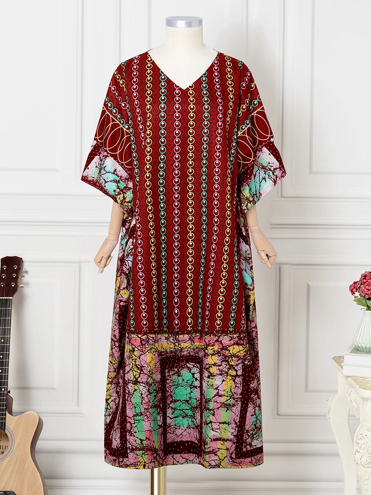 حجم كبير 5XL فوندا النساء البوهيمي ماكسي فساتين الخريف 3/4 كم الطباعة فستان الشمس طويل غير رسمي الخامس الرقبة خمر فضفاض Vestidos