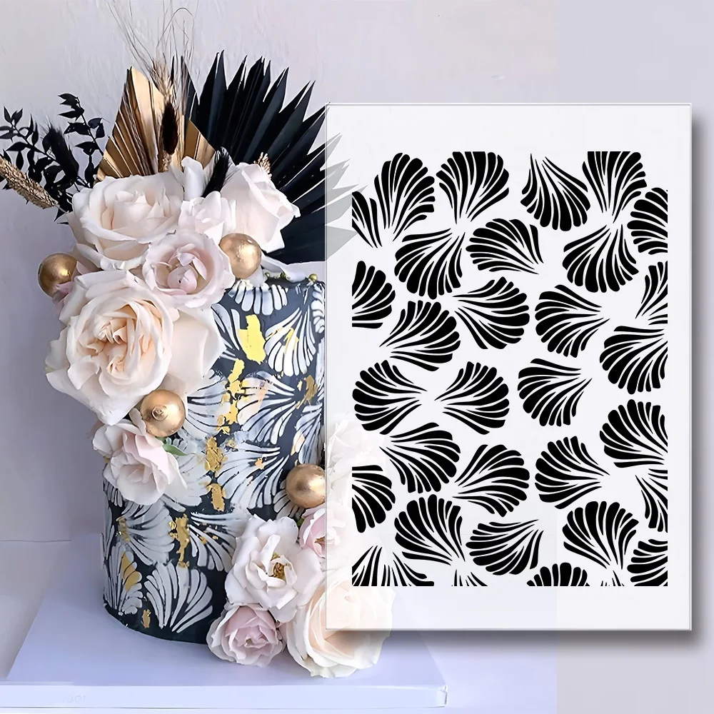 1Pcs Abstract Fan‑Leaf Cake Stencil, Food‑Grade PET Reusable Hollow Template for Cake Cookie Fondant Wedding Birthday Decor