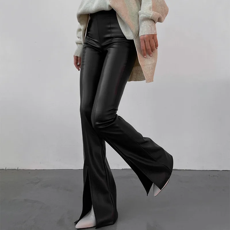 Ausgestellte PU-Lederhose für Damen, hoher Bund, Schlitz, schmale Passform, Stretch, einfarbig, Herbst/Winter, sexy, elegant, Club-Party-Hose – Detail 2