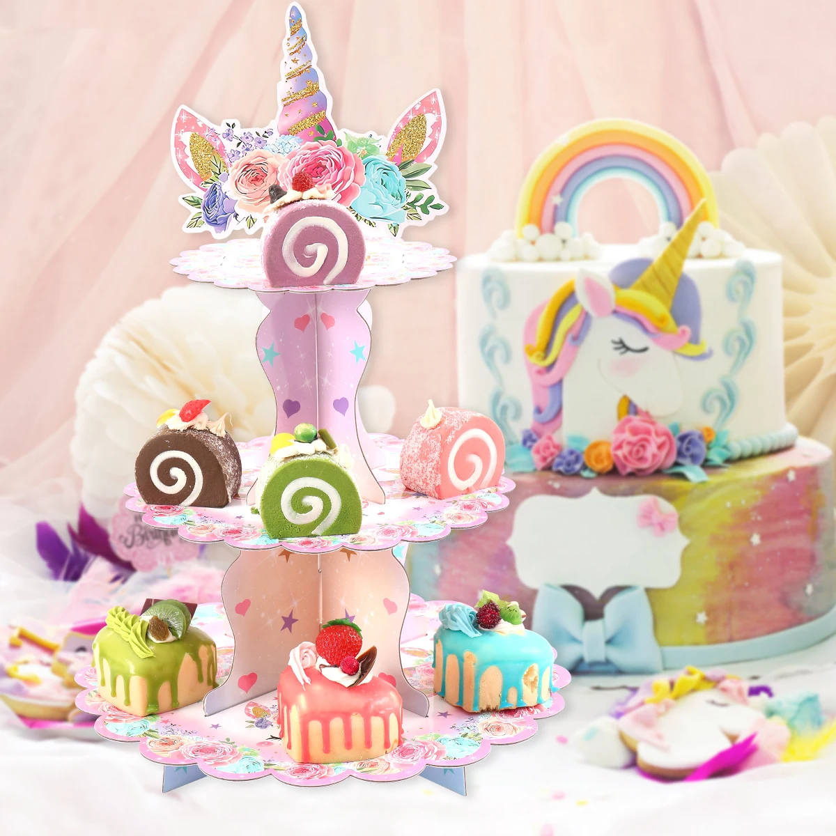 Unicorn Party 3 Tier Foldable Cupcake Stand Happy Birthday Party Decoration Kids Cake Display Stand Baby Shower Decor Supplies