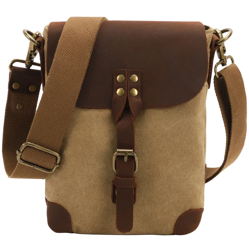 

Canvas Men's Handbag Outdoor Travel Messenger Bag Vintage Small Genuine Leather Flap Crossbody Shoulder Bags High Quality