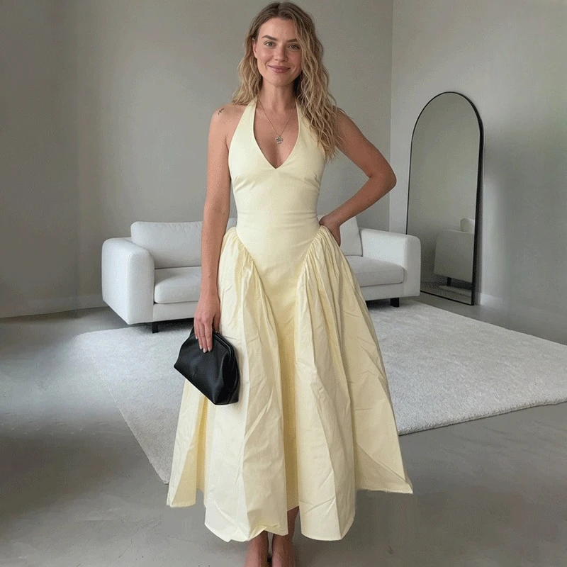 

Ticketsx Summer V-neck Women's Dress Fashion Lace Up Ruched Patchwork Slim Dress Elegant Backless Female Vacation Party Vestidos