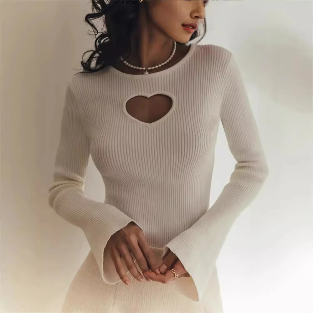 

Женский вязаный свитер с длинными рукавами и вырезом в форме сердца, облегающий, и длинные брюки с высокой талией из трикотажной ткани для зимнего сезона