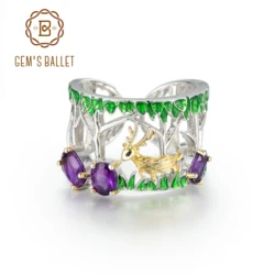 GEM'S BALLET Natural Amethyst Gemstone Ring 925 Sterling Silver Handmade Deer in the Wood Rings Animal Jewelry Gift For Her