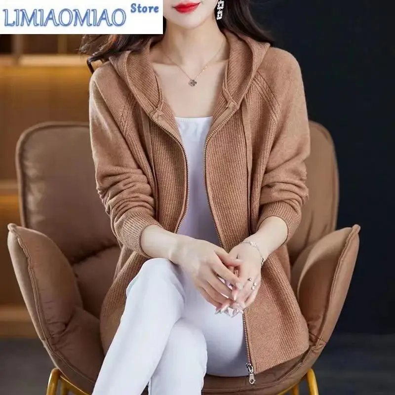 

Autumn Winter Hooded Zipper Knitted Cardigan Sweater Jacket Women Loose High-Grade Solid Color Mother's Coat Female Tide