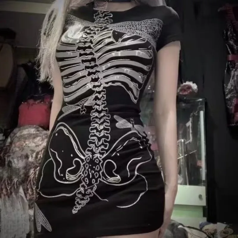 

Harajuku Dress Subculture Dark Series Gothic Skulls Perspective Rock Punk Bone Print Slim Dress Xshape Base Layer Women Clothes