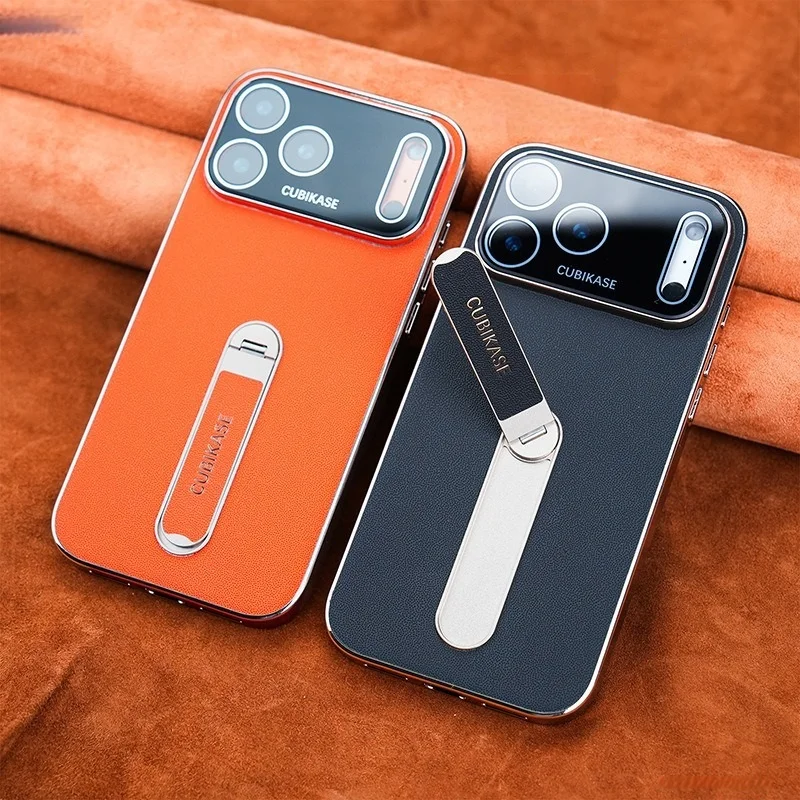 Solid Color Leather Phone Case for iPhone 17 Pro Max with Back Hide Rotating Stand