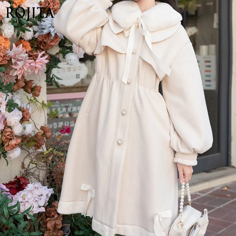 Sweet Lolita Wool Coat Faux Fur Collar Bow Pearl Button Puff Sleeve Cinched Waist Winter Long Overcoat for Women