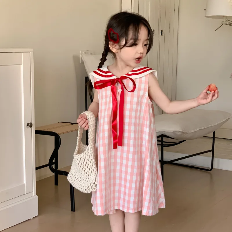 2024 Plaid Preppy Style Girl\'s Dress Sailor Collar Sleeveless Clothing Stripe with Lace Up Sweet Girl Kids Causal Vest Dresses