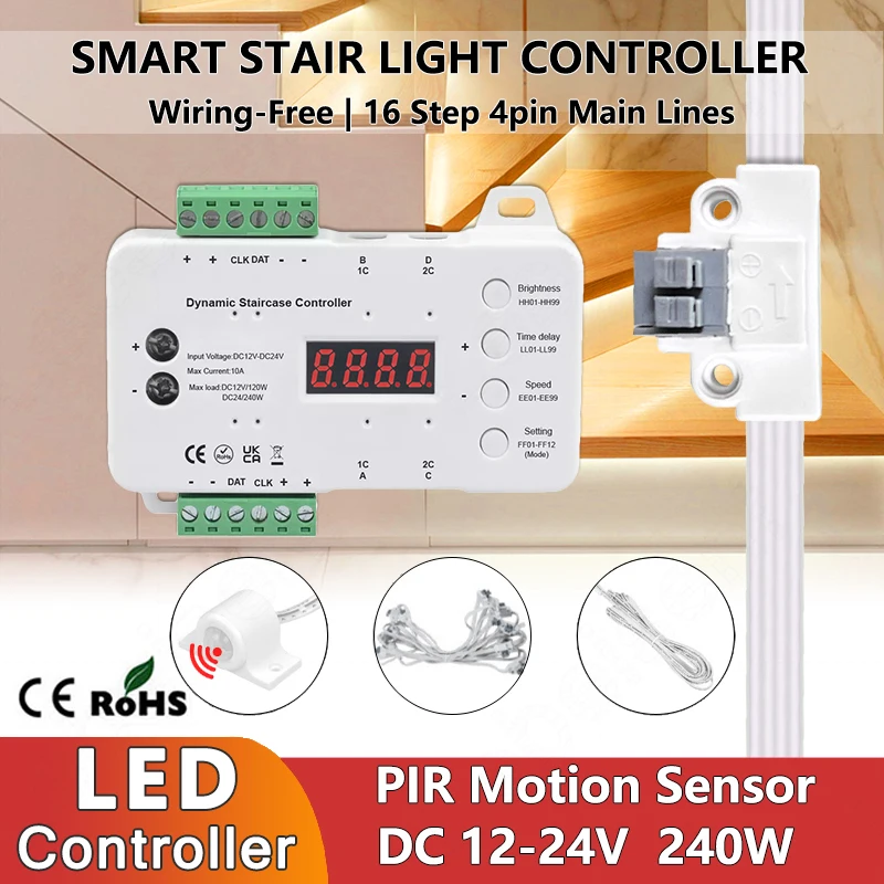 10A 240W PIR Motion Sensor Stair Step LED COB Single Color Light Strip Smart Dimmer Controller DC 12V 24V No-Wiring/Soldering