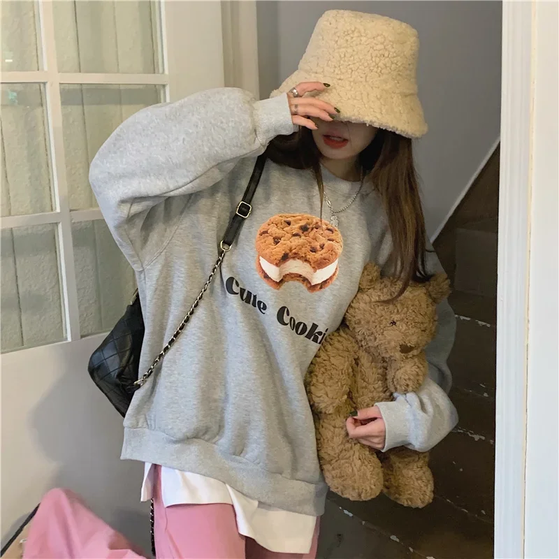 2025 Pink Fun Printed Hoodies Women Korean Loose Crewneck Sweatshirts Female Fashion Warm Autumn/Winter Pullovers Hoodie