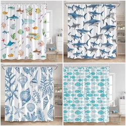 Ocean Animals Nautical Cartoon Shower Curtains Tropical Fishes Sharks Shell Sea Turtle Bathroom Decorations Kids Bath Curtain wi