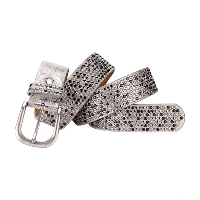 31BF Popular Punk Rivets Studded Belt with Distressed Color PU Leather Waistband Wide Waist Strap for Women Teens Jeans Pants