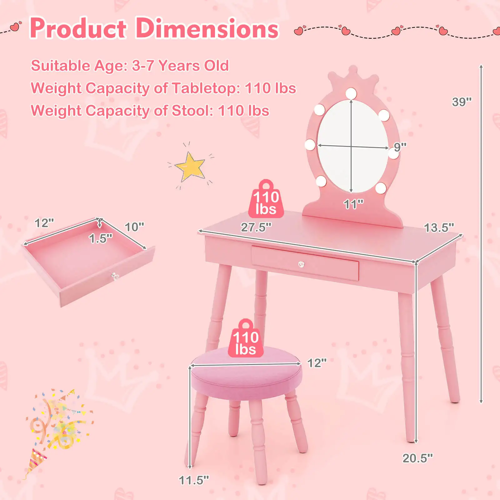 Kids Vanity Set Princess Vanity Table & Chair Set with Lighted Mirror