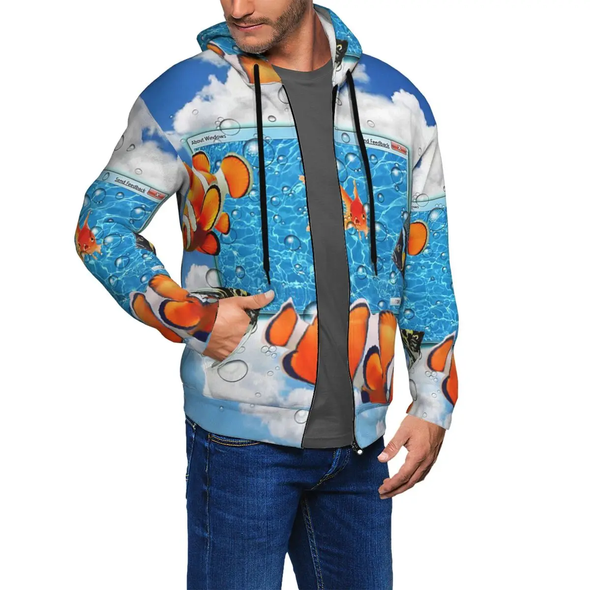 Swimming Frutiger Aero Fish Zipper Hoodies Harajuku Pullover Autumn Winter Men's Women's Sweatshirts Long Sleeve Tops