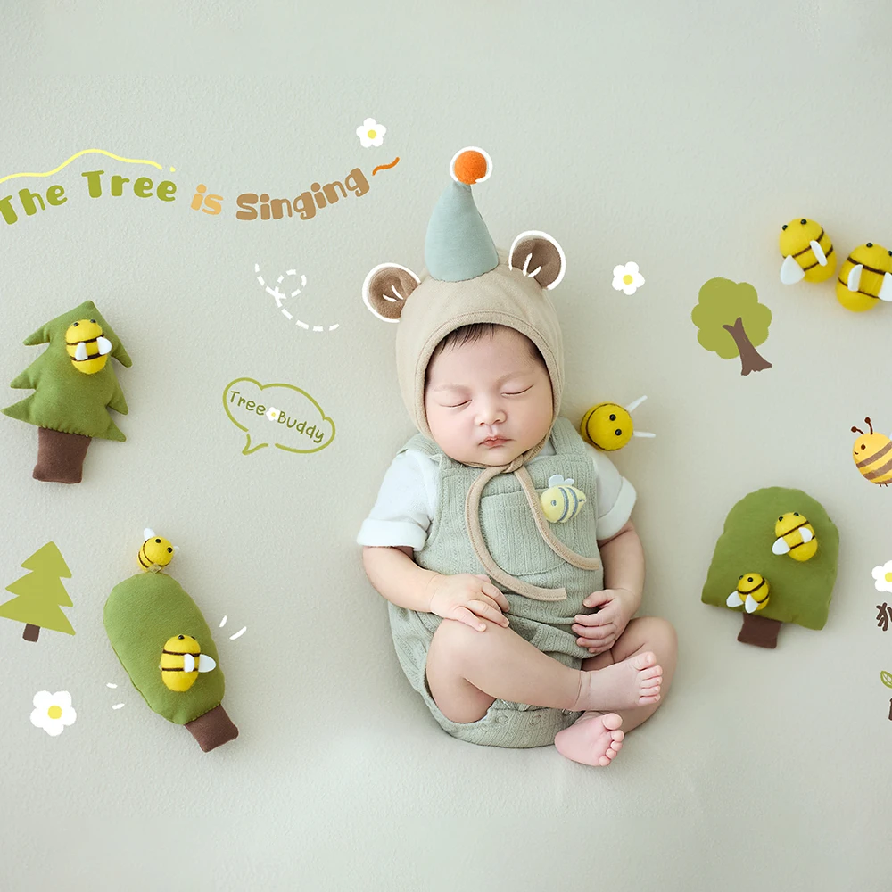 Newborn Photography Props Thriving Little Tree Baby Jumpsuit with Hat Felt Little Bee Props 8pcs Creative Baby PhotoshootCostume