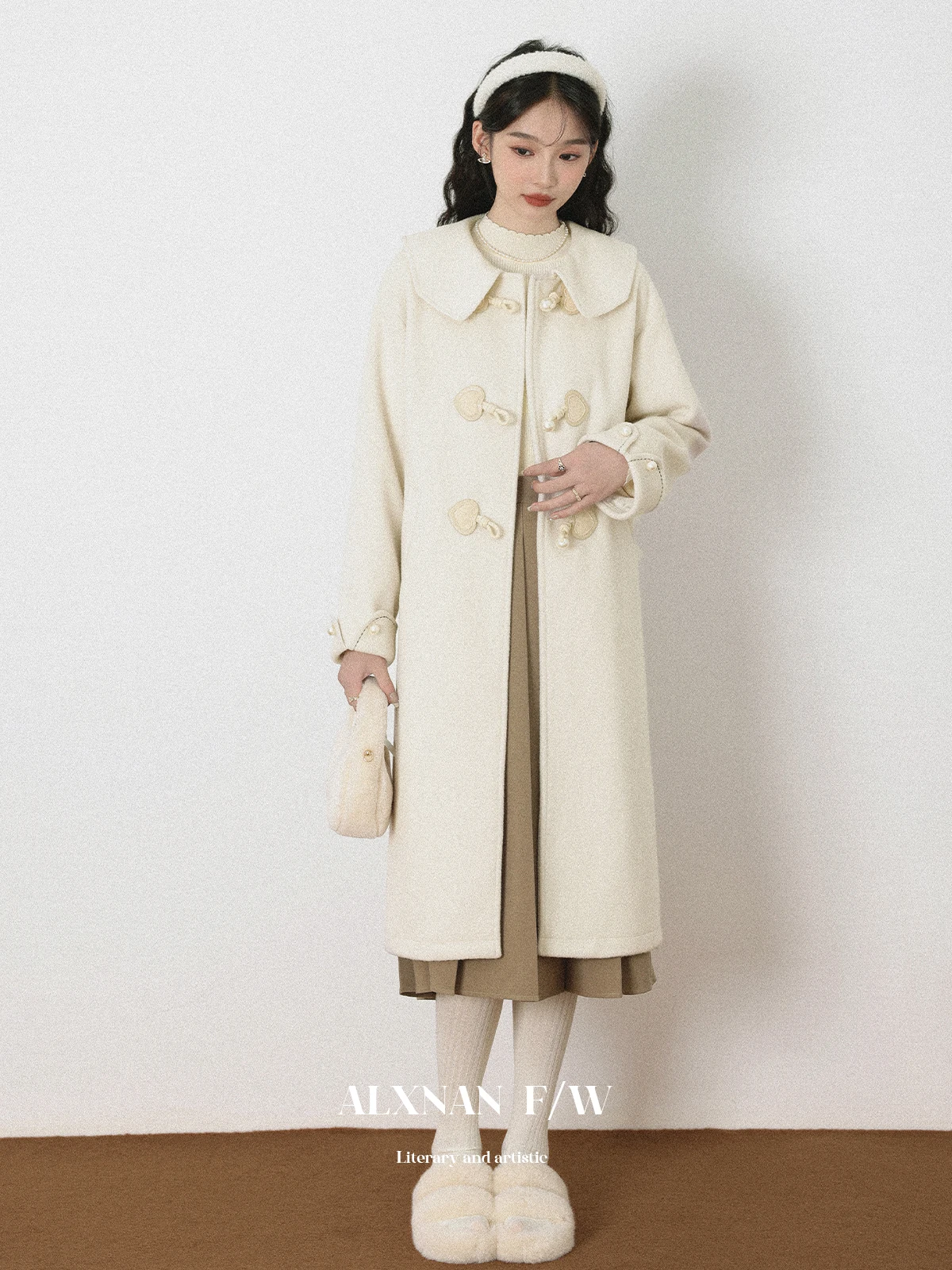 

ALXNAN шерстяное пальто с кукольным воротником, женское пальто с жемчужным узлом и пуговицами, пальто с длинными рукавами и заниженными плечами, осень-зима 202, LXN279119