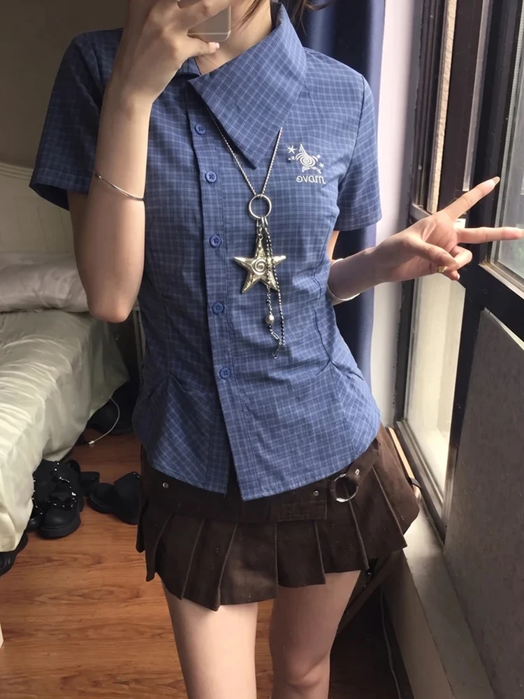 Genayooa Japanisches Y2k-Karohemd für Damen, kurzärmelig, unregelmäßige Stickerei, Hemd und Bluse im koreanischen Stil, Vintage-Oberteile im Stil der 2000er Jahre – Detail 5