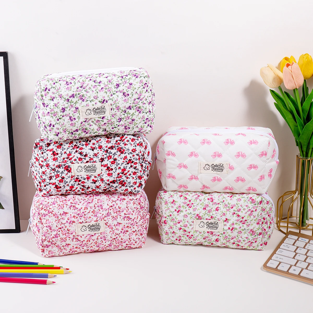 Bright Floral Pattern Large-Capacity Pencil Case, Spacious Stationery Storage Bag, Portable School Supplies, Student Stationery