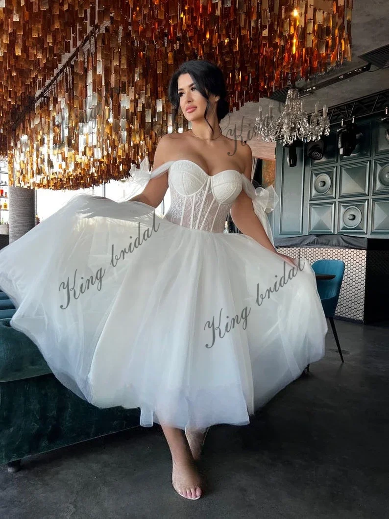 Custom Made Lace Tulle Beach Short Wedding Dresses Ball Gown Bride Dress Simple White Wedding Dress Female 2026 Bride Gowns