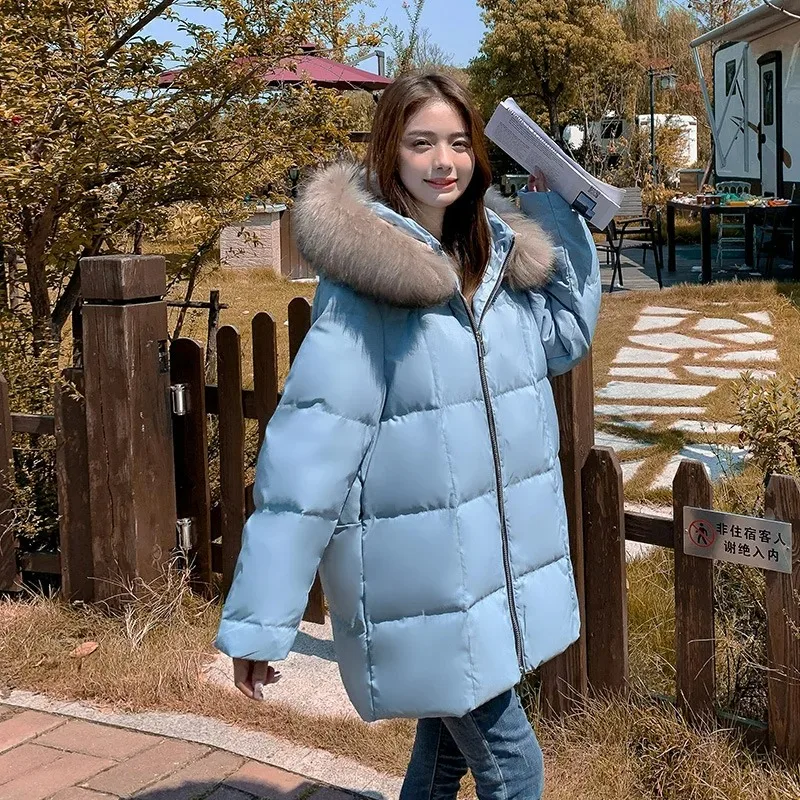 Women Down Coats Raccoon Fur Collar Hooded Winter Windproof Loose Thick Medium-length Models Jackets Overcoat Outwear Warm Tops