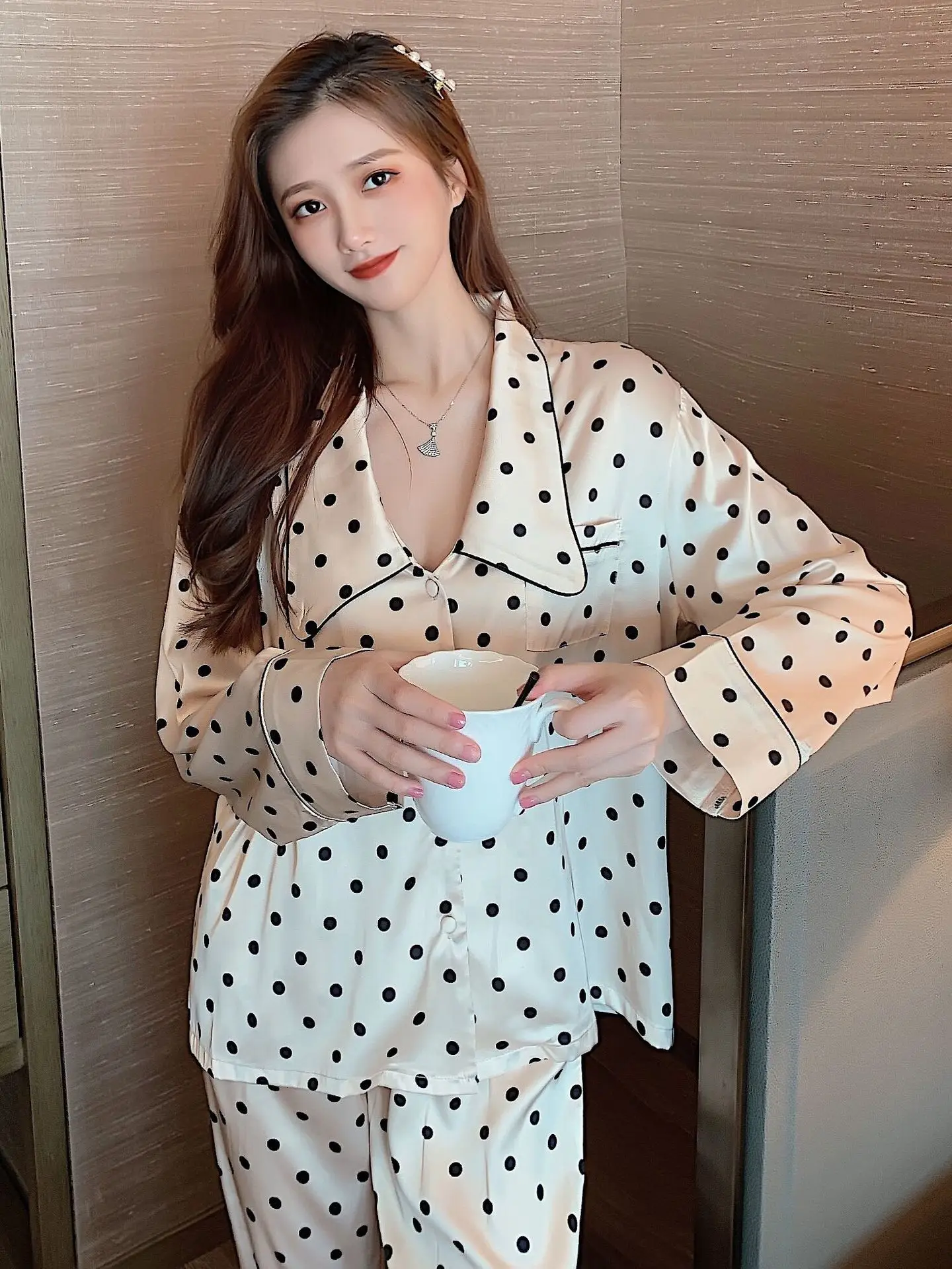 Long Pajamas Women's Pajamas Set Satin Pajamas for Women Autumn Sleepwear White Dot