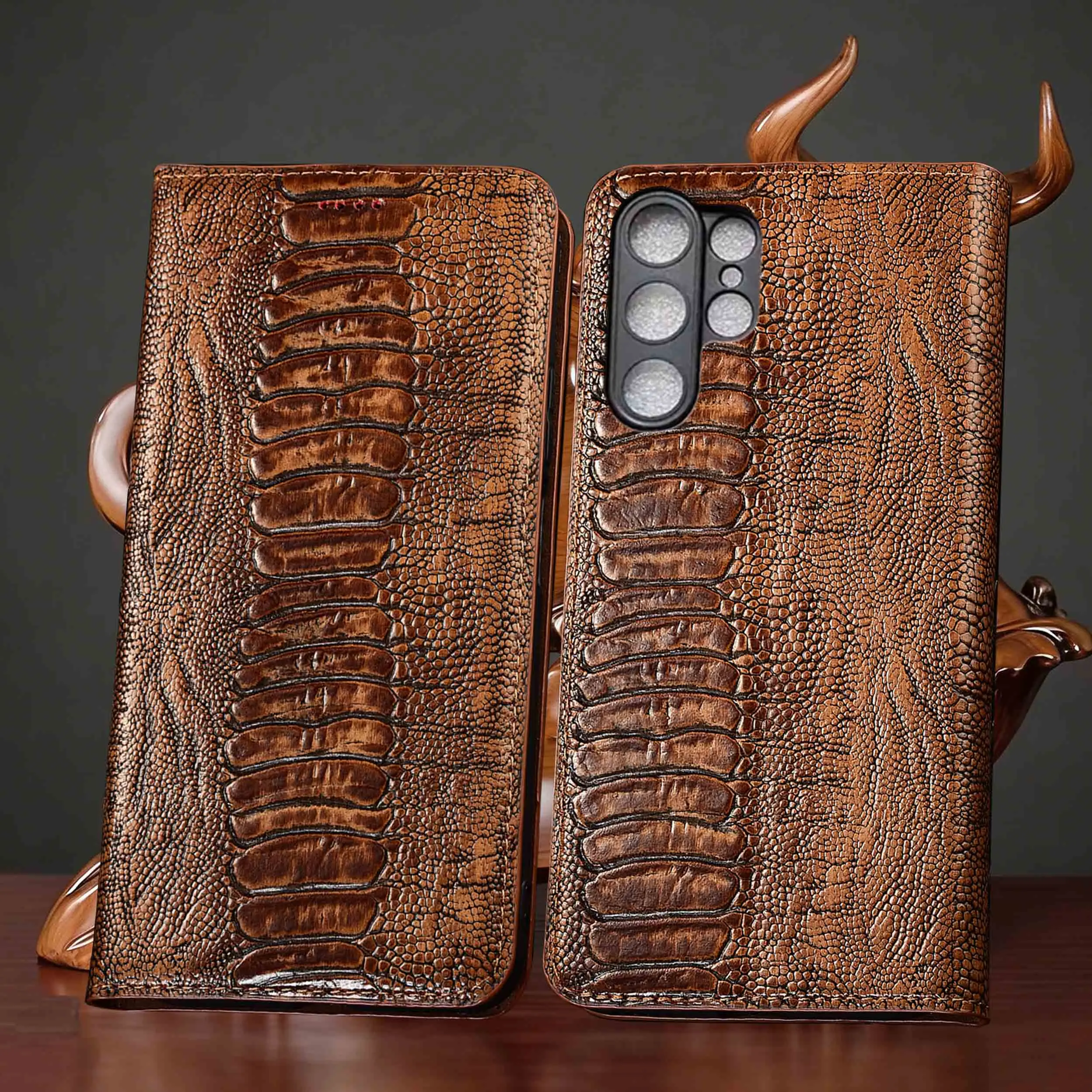 

For Samsung Galaxy S21 S22 S23 S24 S25 Edge Plus Ultra FE Ostrich Feet Pattern Of Genuine Leather Wallet Flip Phone Case Cowhide