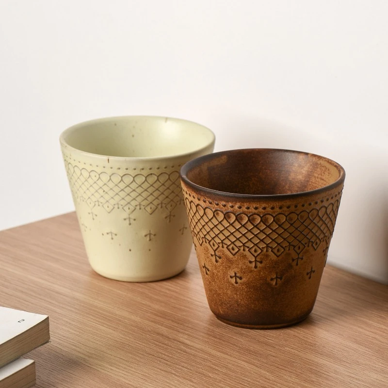 Retro Relief Grid Pattern Ceramic Coffee Mug 220ml,Handmade Vintage Latte Art Cup for Afternoon Tea, Unique Small Drinkware Gift