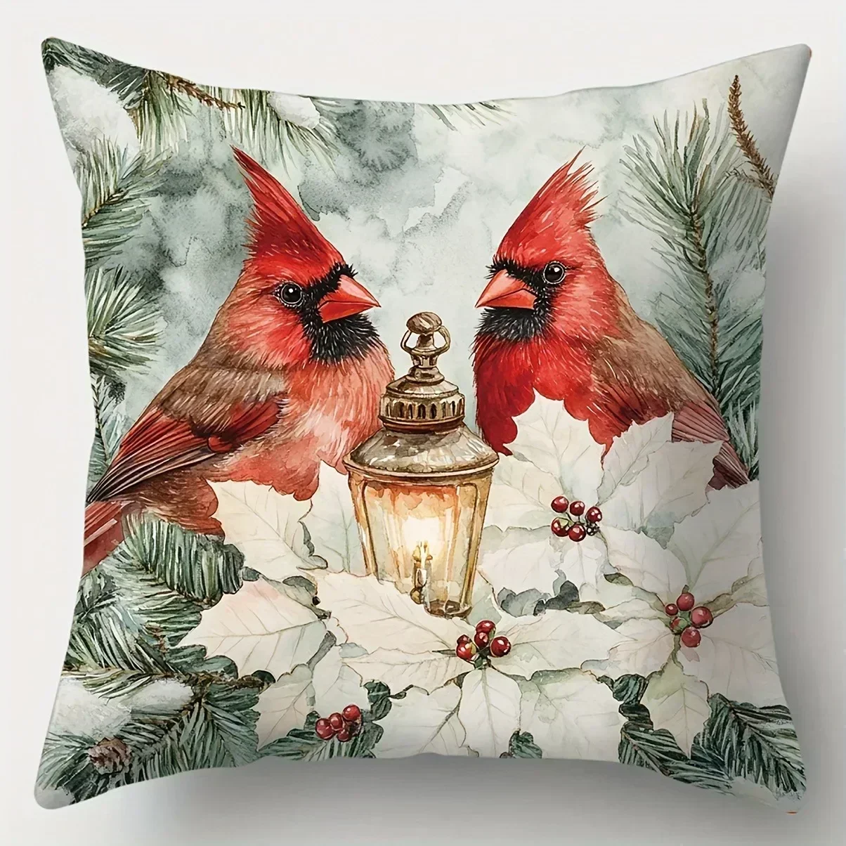 Modern Polyester Throw Pillowcase Cardinal Bird Pattern With Green Leaves Decorative Cushion Cover Living Room Sofa