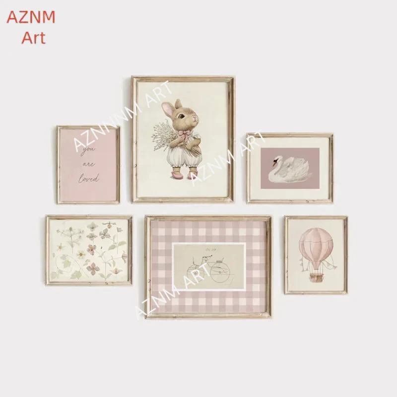 Pink Nursery Gallery Art Wall Poster Vintage Kids Room Swan Rabbit Canvas Painting Light Color Dorm Room Aesthetic Wall Art