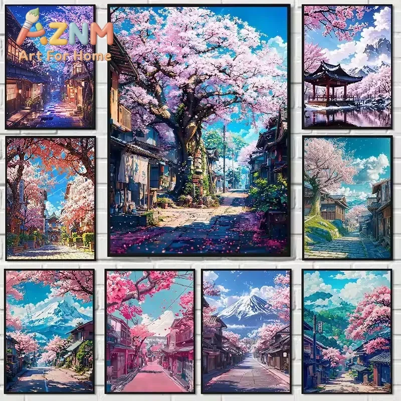 Japanese Street Scenery Sakura Mount Fuji Canvas Posters and Prints Wall Art Paintings Mural for Modern Living Room Home Decor