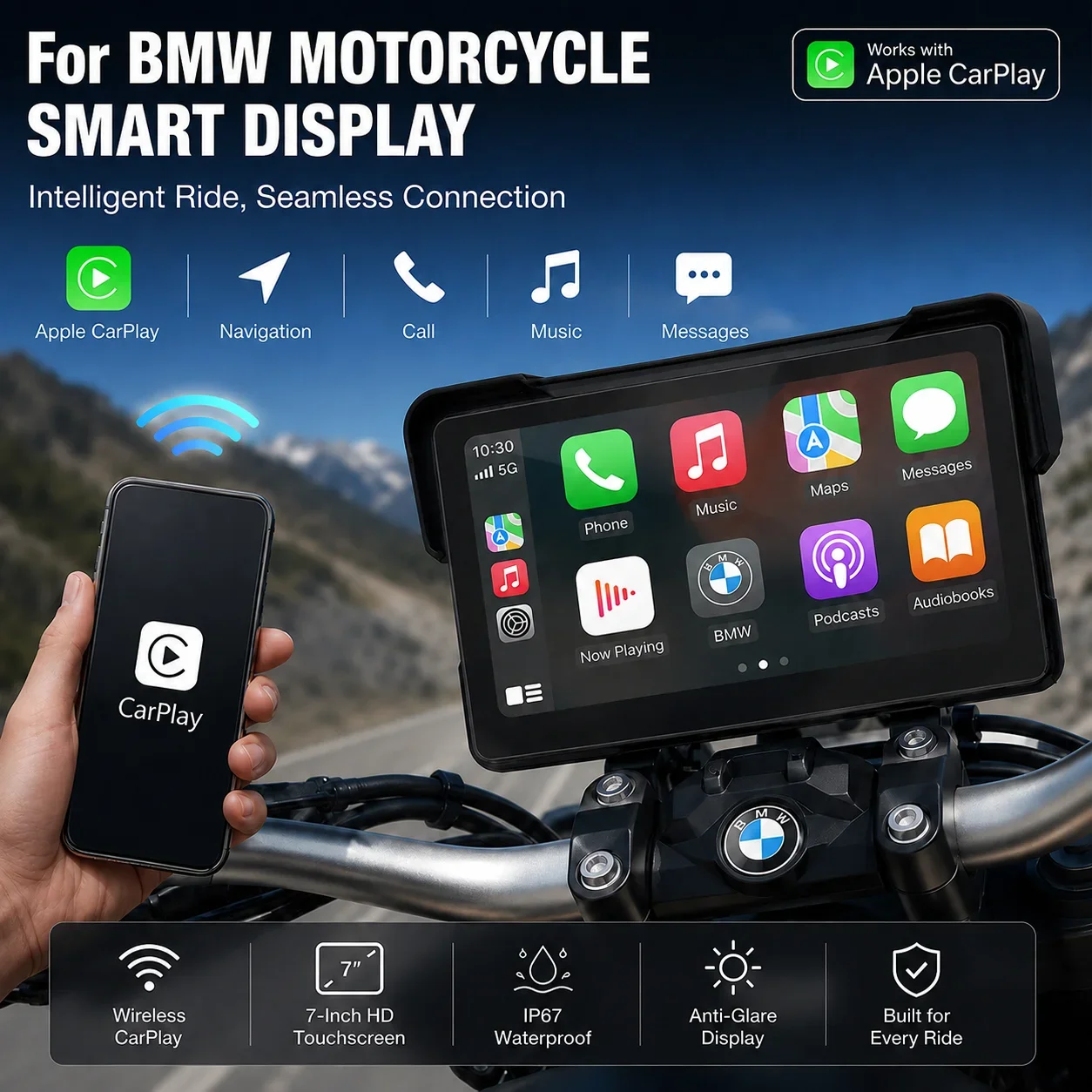 Jansite 7 inch Motorcycle GPS Navigation For BMW R1200GS R1250GS F800 F900 S1000XR Wireless CarPlay Android Auto BT Moto Monitor