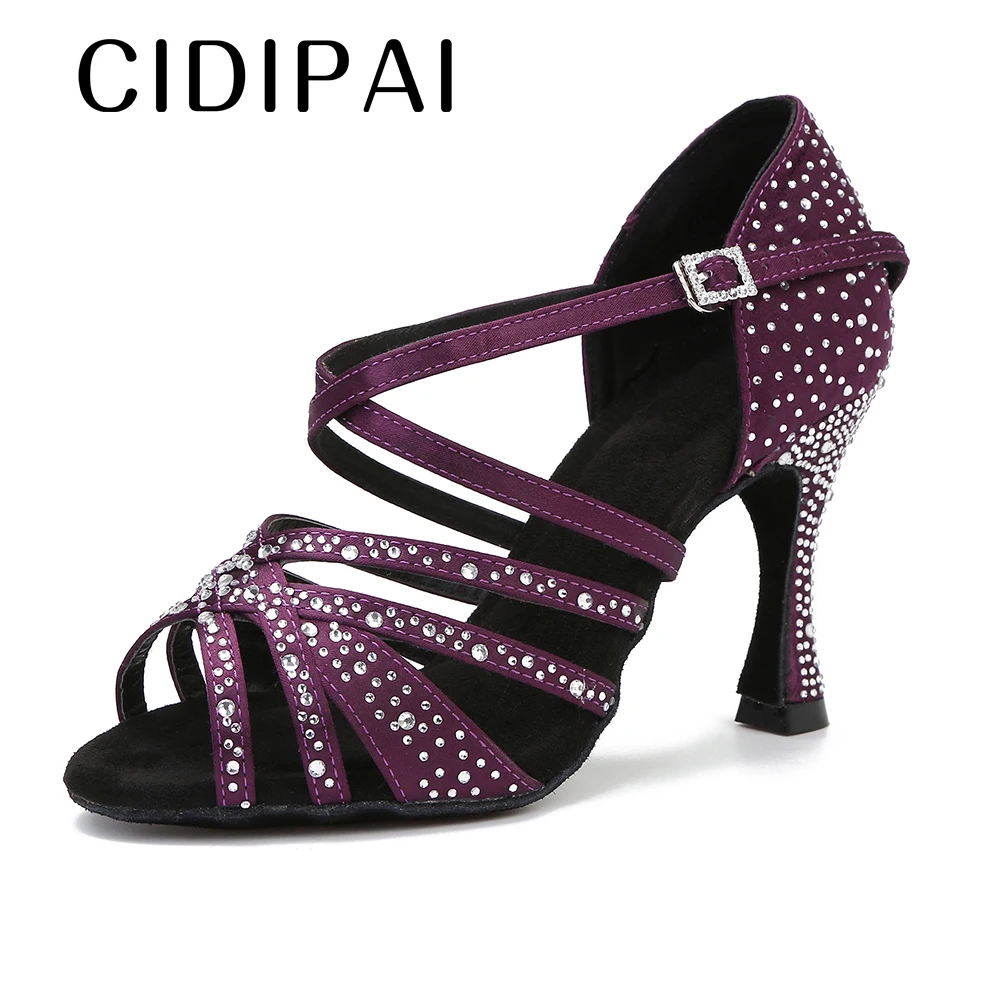 CIDIPAI-Chaussures de brevLatine en Satin pour Femme, Talons Hauts, Sandales de ix, Spectacle de Salsa, Salle de Bal, Violet, Marron, Noir