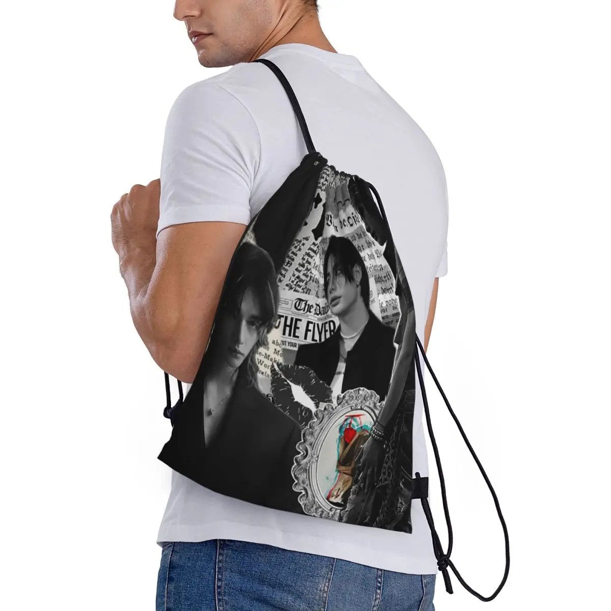 

Hyunjin Collage Backpacks Portable Drawstring Bundle Pocket Sports Bag Book Bags for Travel Students