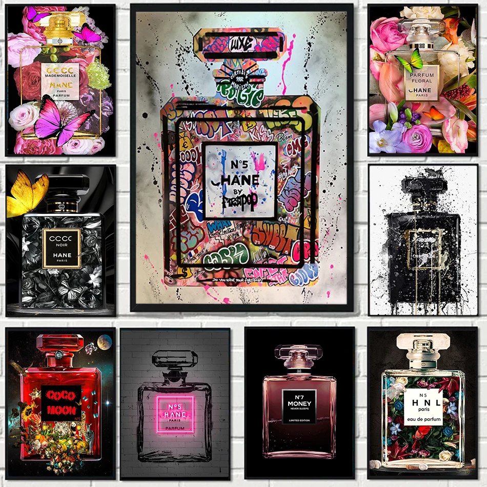 

Fashion Paris Perfume bottle Canvas painting modern street Graffiti Posters Perfume and flower Prints For Living Room Home Decor