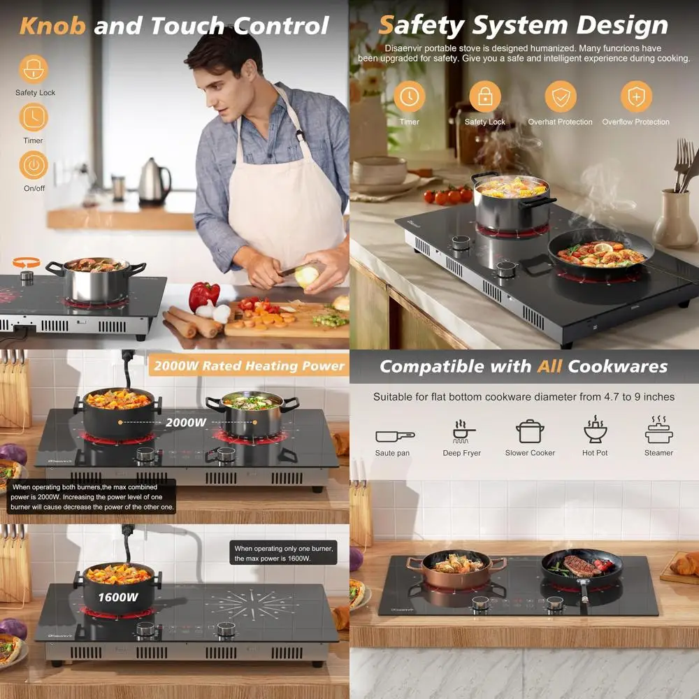 

24 Inch 2000W Two Burner Electric Cooktop with Touch & Knob Controls, Timer, Safety Lock, 120V Plug-in