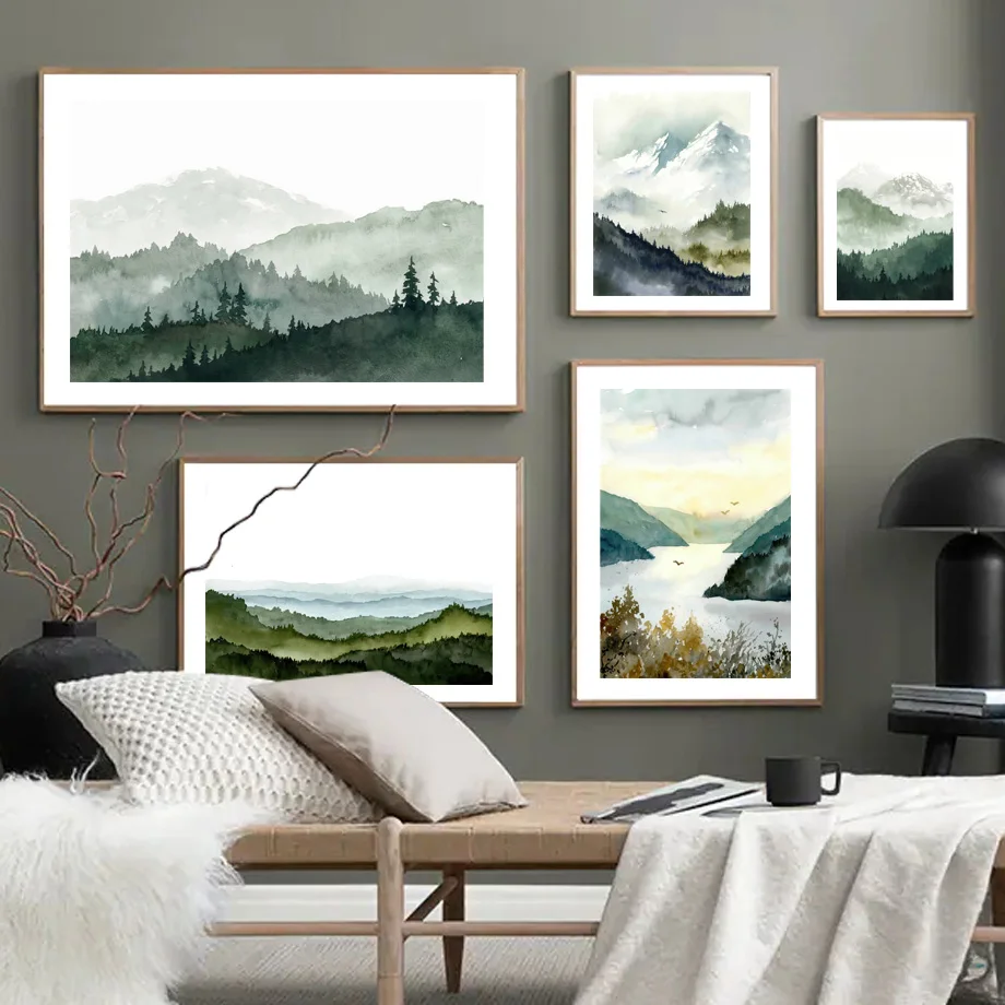 Foggy Mountain Canvas Nordic Poster and Prints, Wall Art, Picture for Living Room Decor, Forest, Pine, Sage, Green