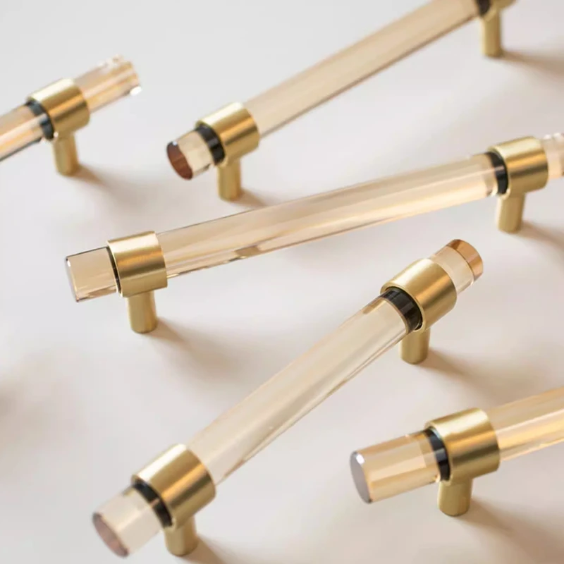 T Bar Handle Bathroom Pull Kitchen Cabinet Door Handle Hardware Pull Artificial Crystal+Brass Modern Style Champagne Drawer Knob