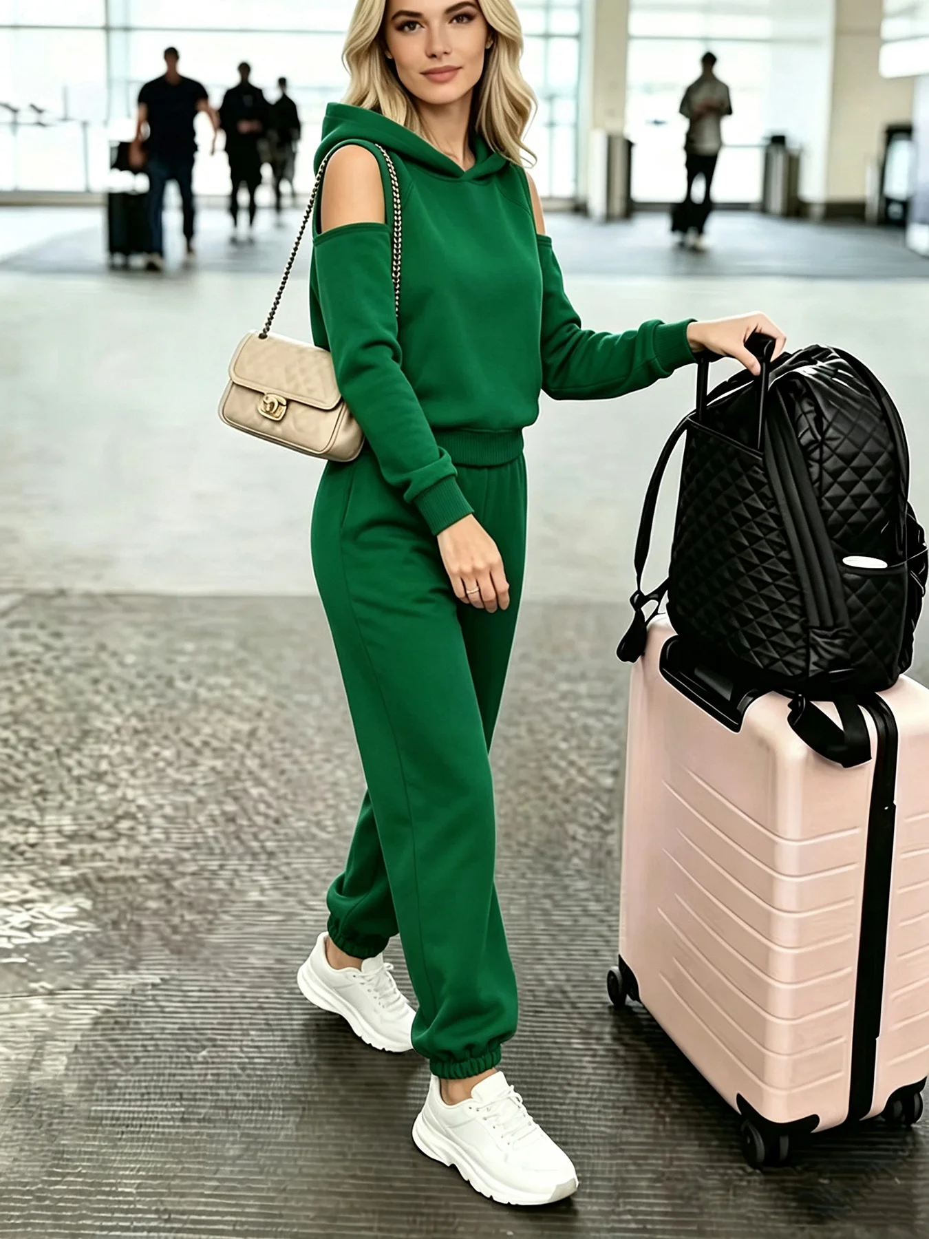 Autumn and winter street style trendy two-piece set with hooded sweatshirt and jogger pants, cool and stylish streetwear with cuffed pants and hoodie, women's outfit, women's clothing