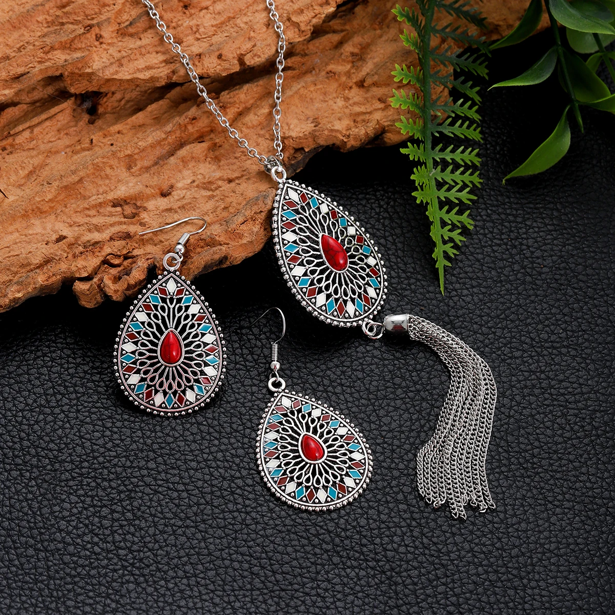 

Bohemia Handmade Chain Long Tassel Necklace Set for Women Ethnic Hollow Water Drop Dangle Earrings Bride Wedding Jewelry Gift