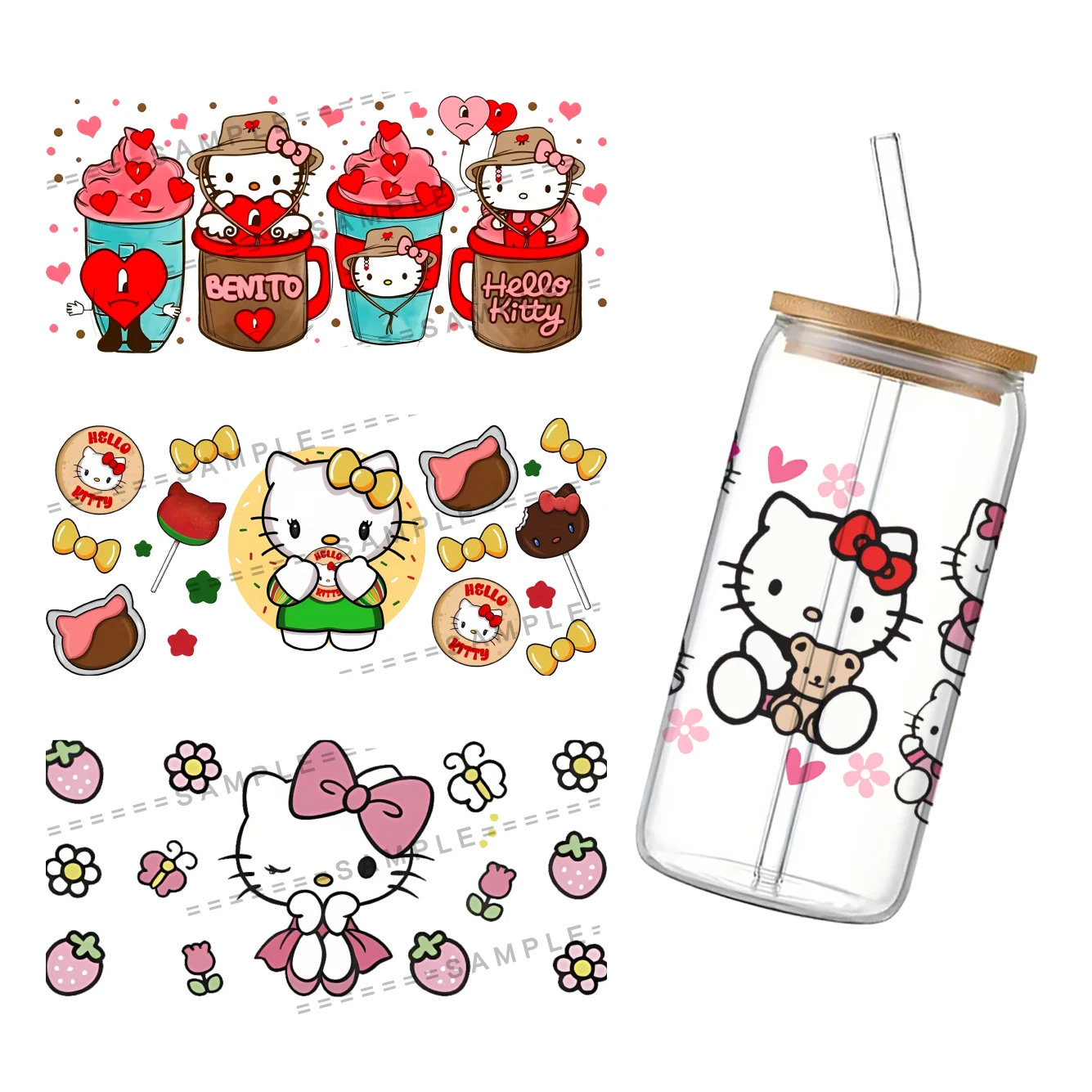 Sanrio Hello Kitty UV DTF Transfers Stickers Decals For 16oz Libbey Cold Cups Mugs Tumbler Waterproof DIY Craft