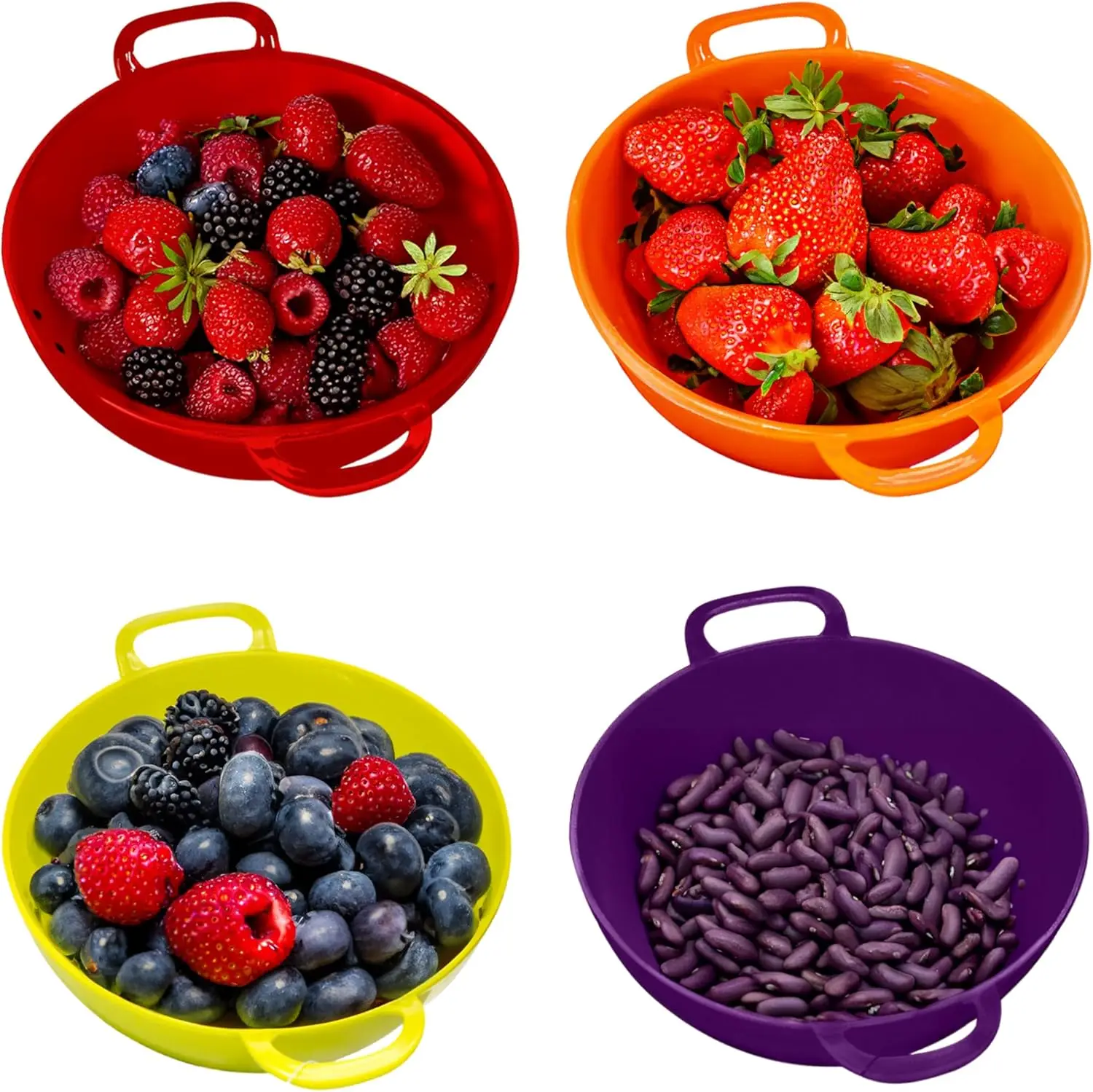 

Mini Strainers for Kitchen - 4 Pack Berry Bowl Colanders & Food Strainers, Small Colander Strainer Sized 6" x 6"x 3" in Assorted