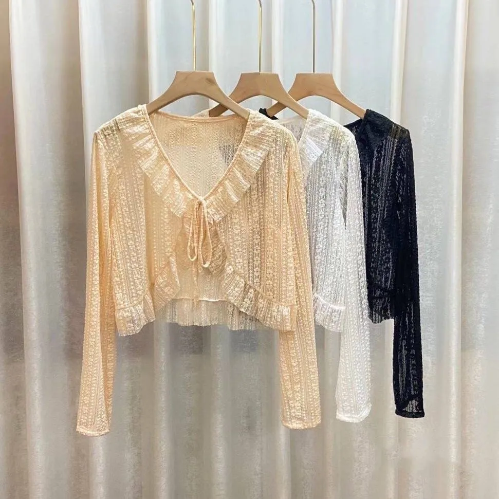 New Ladies' Summer Cardigan Fashion Lace Short Shawl Solid Tie Up Sun Protective Clothing Mesh Sheer T-shirt Long Sleeve Tops