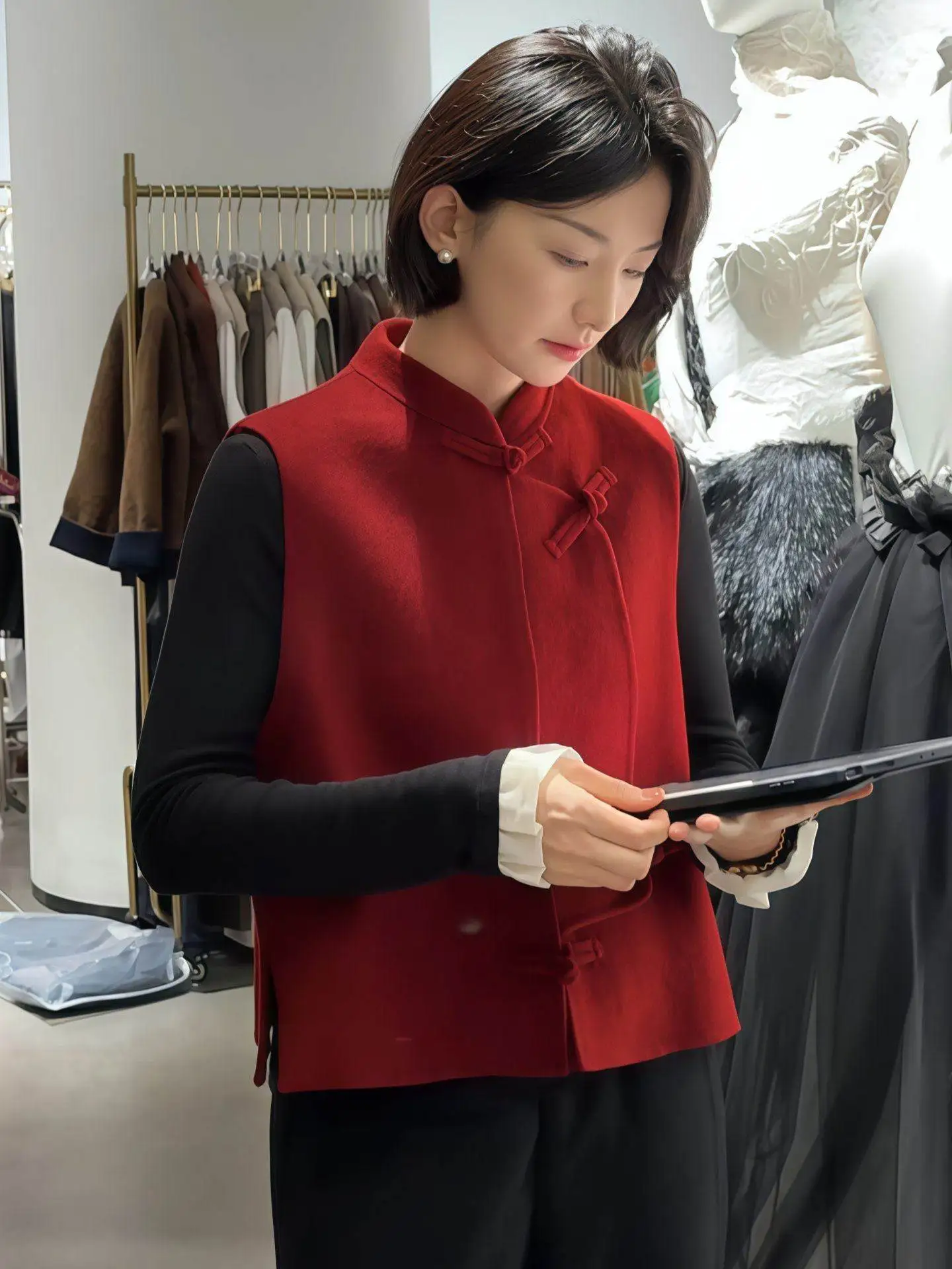 

Red Woolen Vest Coat 2026 New Sle Button Design Tailored Goods Commute Sle ort Length for Women No Sve Stand Collar