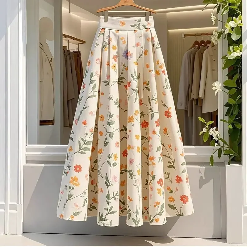 

Летняя женская модная юбка трапециевидной формы с цветочным принтом, женские повседневные юбки с высокой талией, женские свободные длинные юбки миди, новинка 2023 года