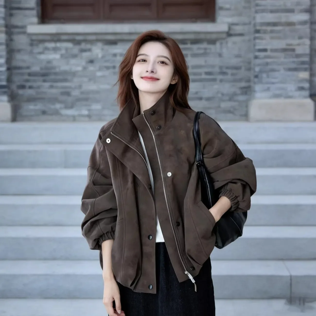 Women Faux Suede Jacket Stand Collar Zip Up Snap Button Loose Oversized Elastic Cuff Short Casual Bomber Coat Outerwear