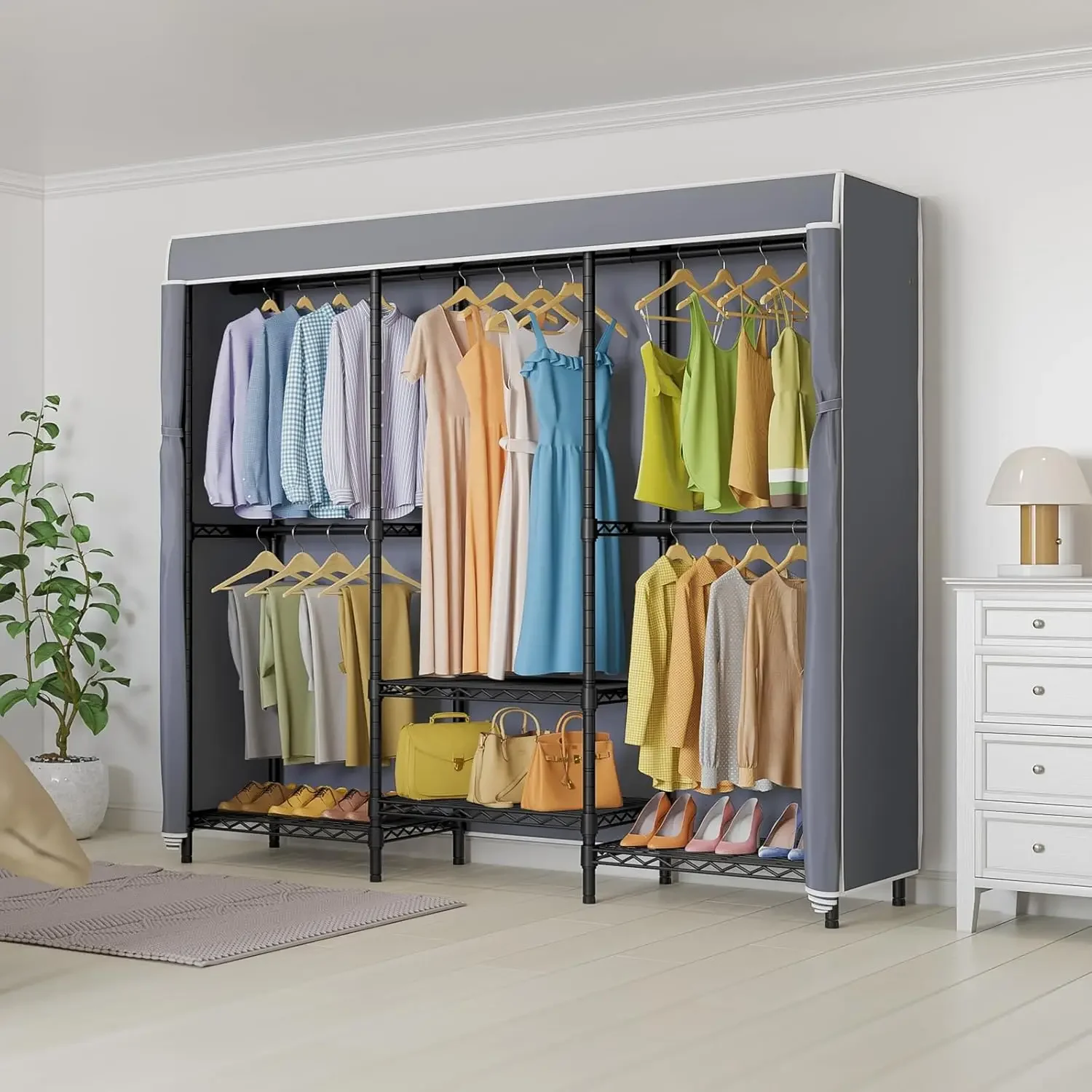 Covered Garment Rack Heavy Duty Clothes Rack with Cover and Adjustable Shelves, Freestanding Portable Closet Racks Clothes