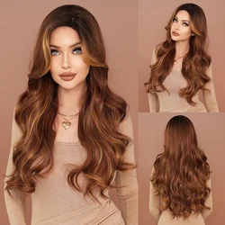NAMM Synthetic Long Loose Wavy Light Brown Wig for Women Daily Party Highlight Blonde Looking Wavy Wigs Middle Part Wig