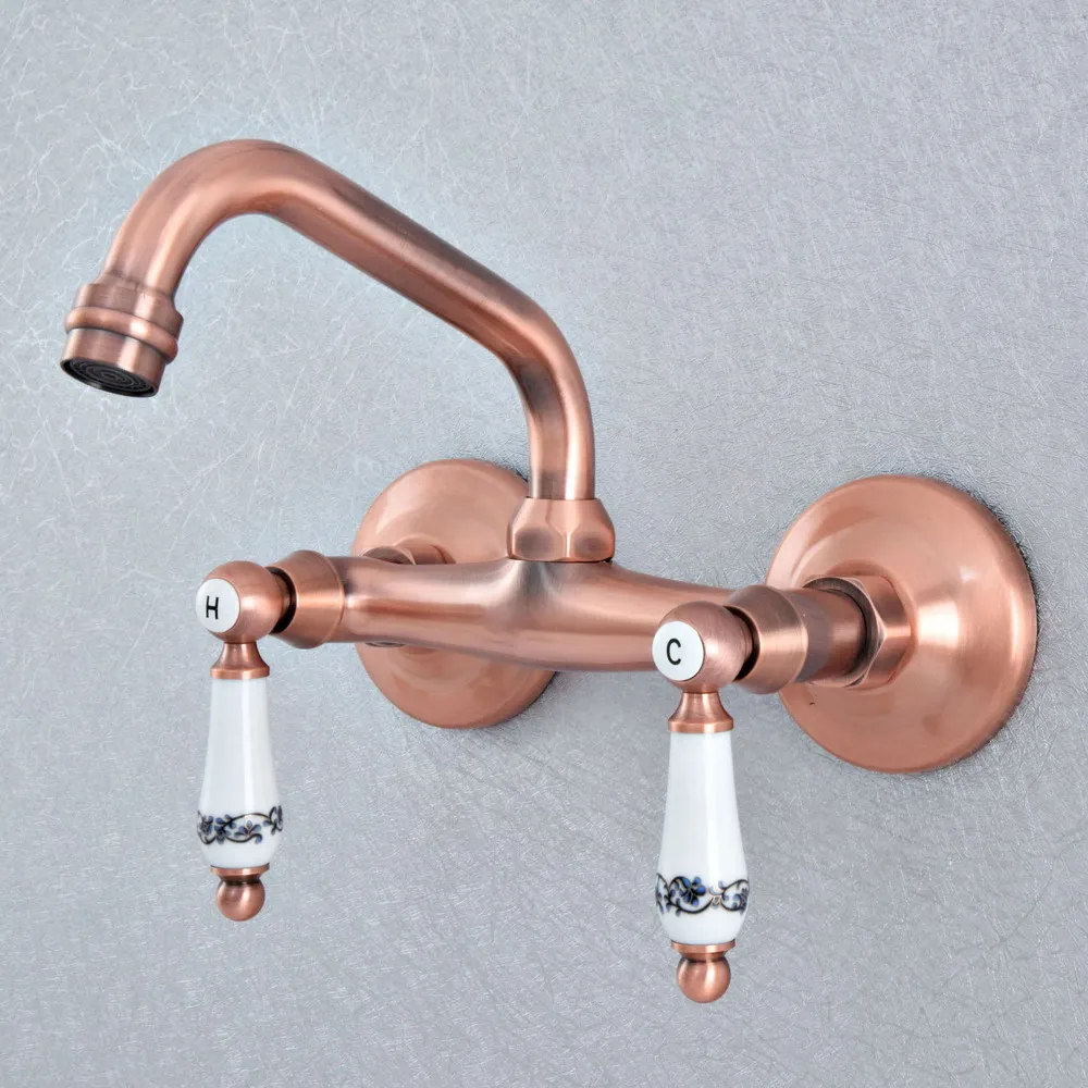 

Antique Red Copper Brass Two Ceramic Handles Wall Mounted Kitchen Bathroom Swivel Spout Faucet Mixer Tap asf892