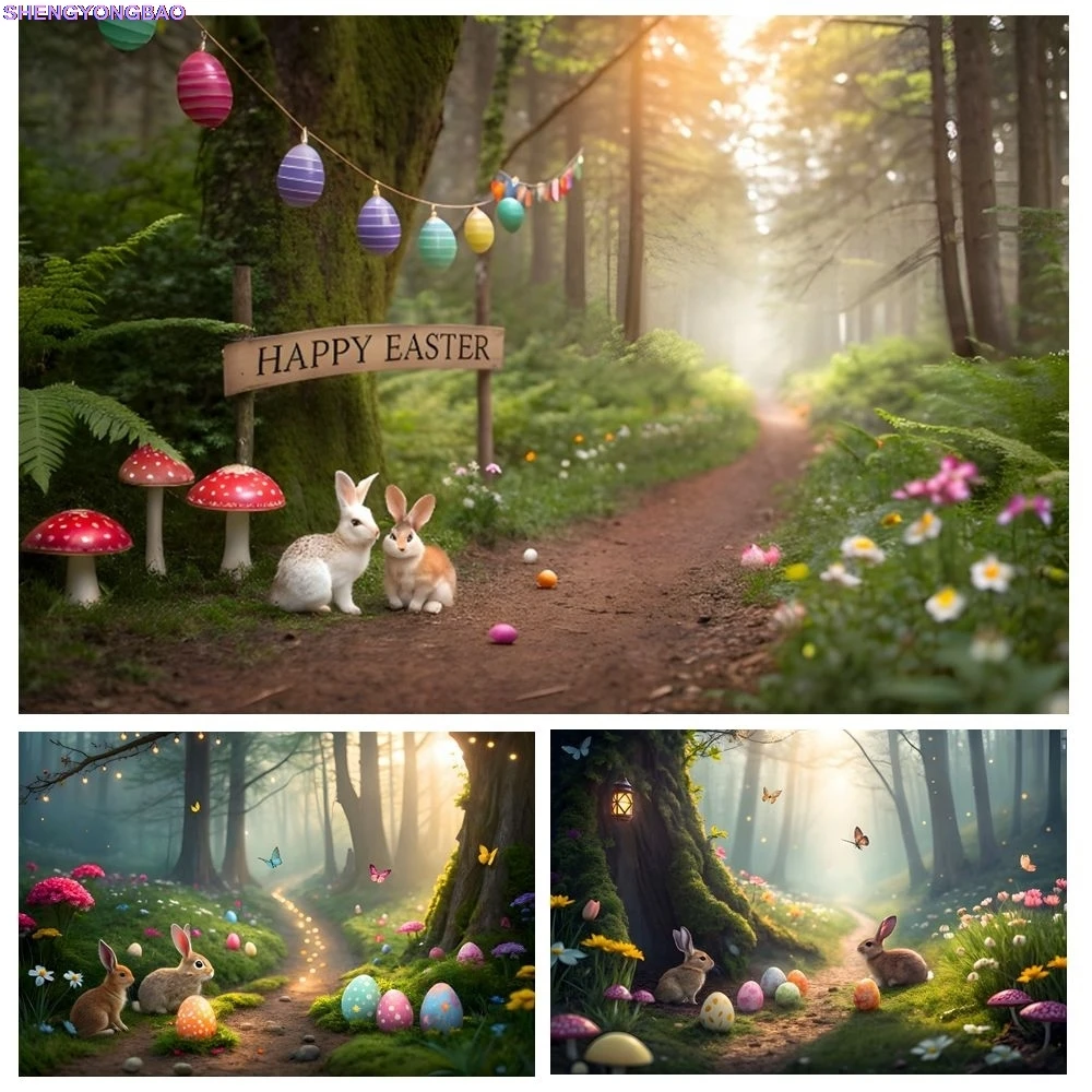 

Spring Easter Forest Bunny Photography Background Colorful Eggs Flowers Grass Easter Party Decor Backdrop Photo Studio Props